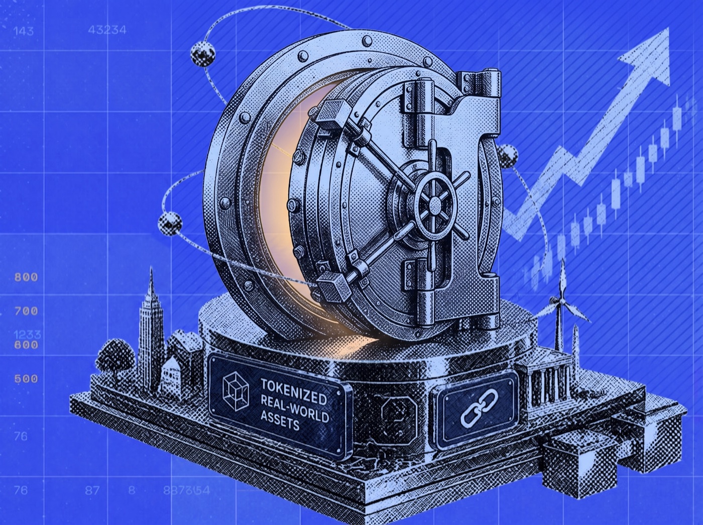 Engraved bank vault on a pedestal labeled Tokenized Real-World Assets